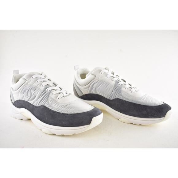 Chanel Mens 21C Grey Suede Ecru Nylon CC Logo Lace Low Top Trainer Sneaker 44 11 - Picture 3 of 12